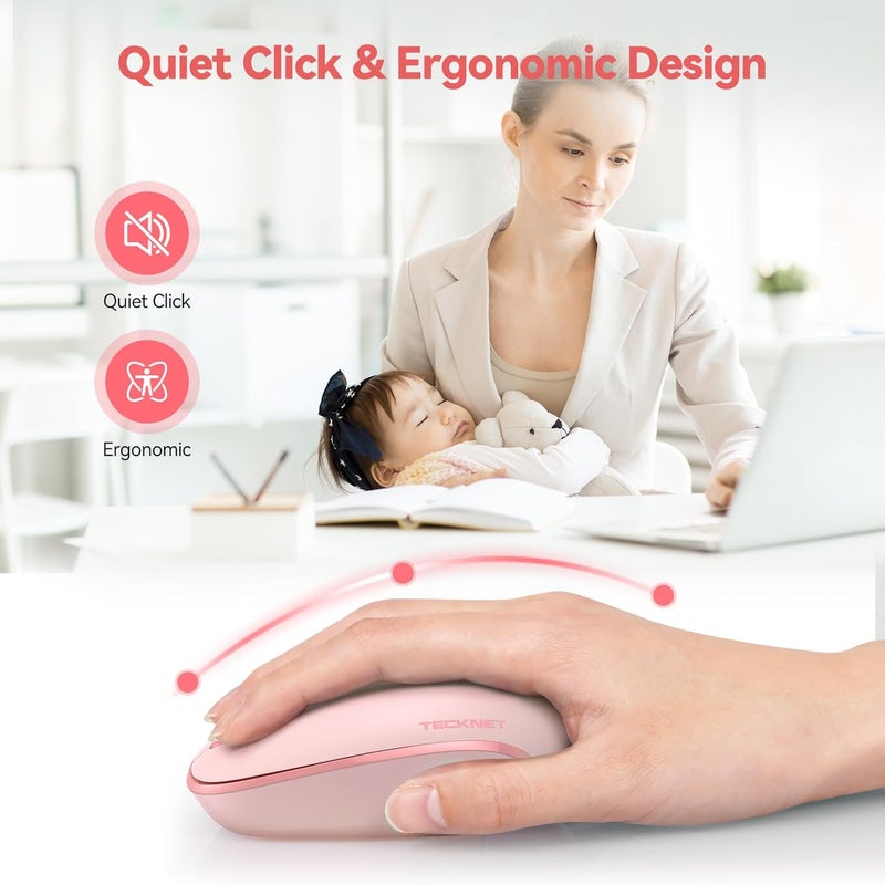 TECKNET Wireless Mouse, 2.4G Quiet Computer Mouse with USB Receiver, 4 Buttons Portable Cordless Mice for Chromebook, Laptop, PC, Mac, 800/1200/1600 DPI - Pink - Image 3